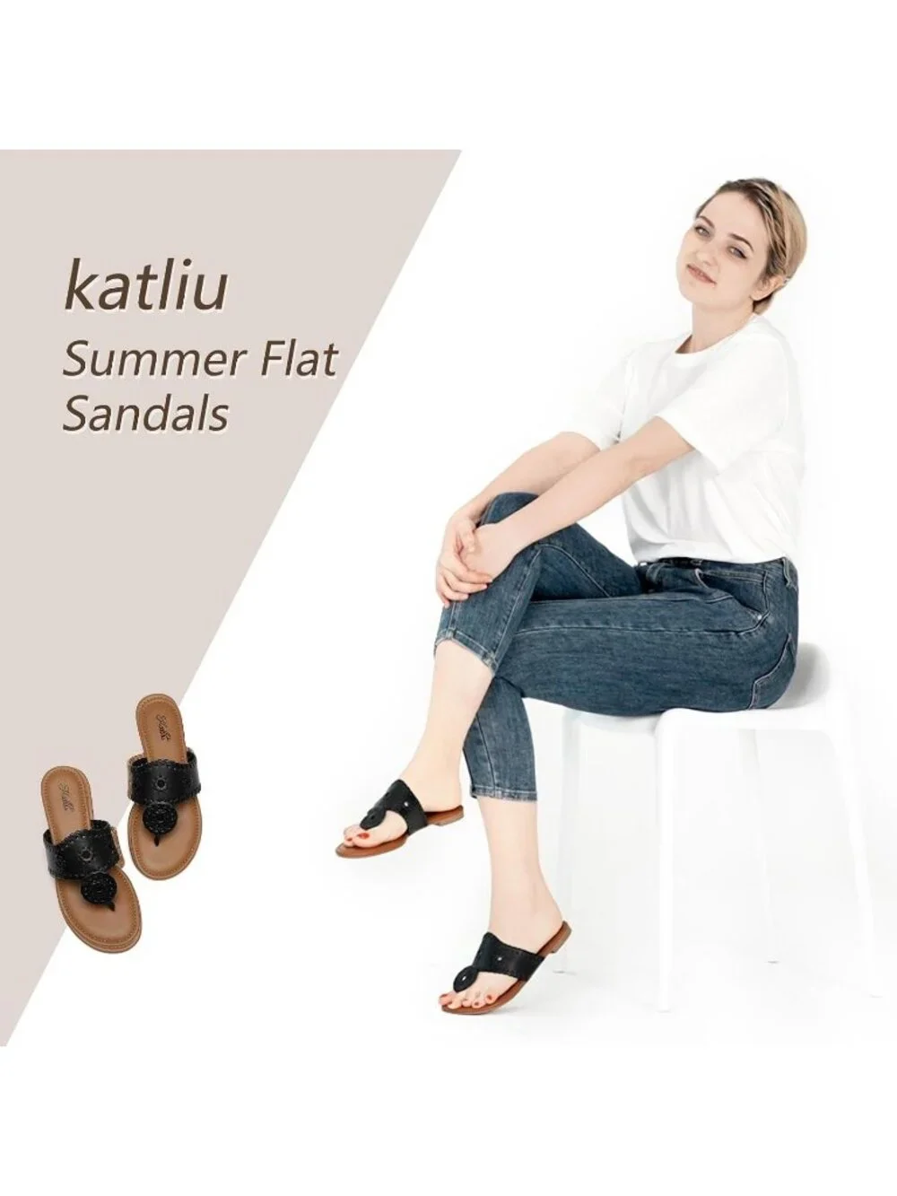 Women's Black Flats Wide Band Flip Flops Cushioned Insole Summer Brunch Sandals